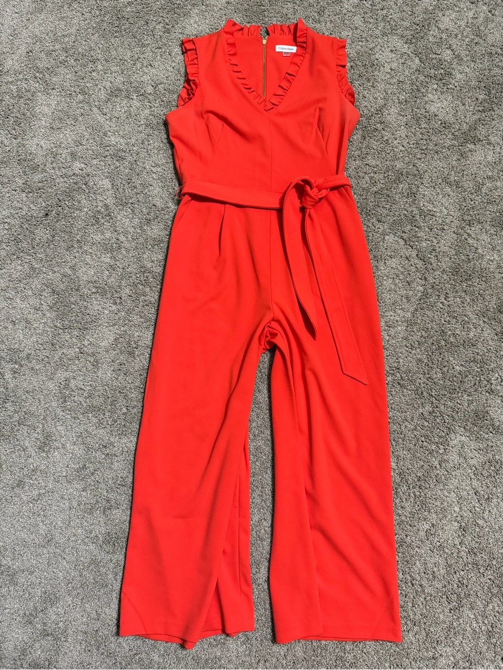 Calvin Klein Red Sleeveless Ruffled V-Neck Belted Jumpsuit